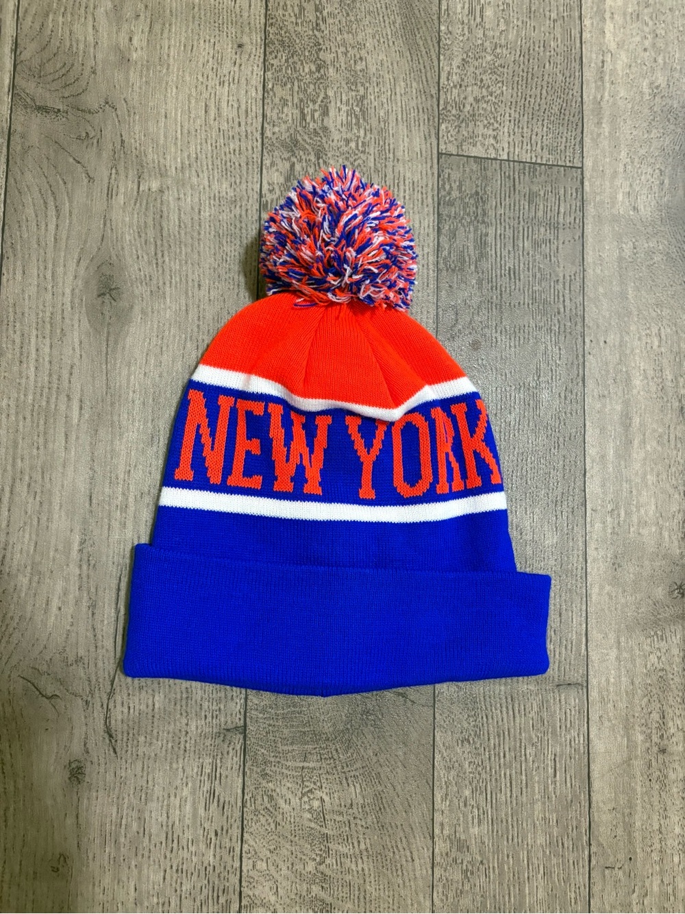 New York Pom Beanie in Orange & Royal Blue